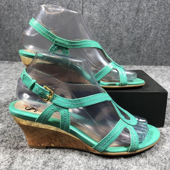 Sofft Sandals Womens Size 7 M Green Patent Leather Wedge Slingback Comfort Shoes - Picture 2 of 16